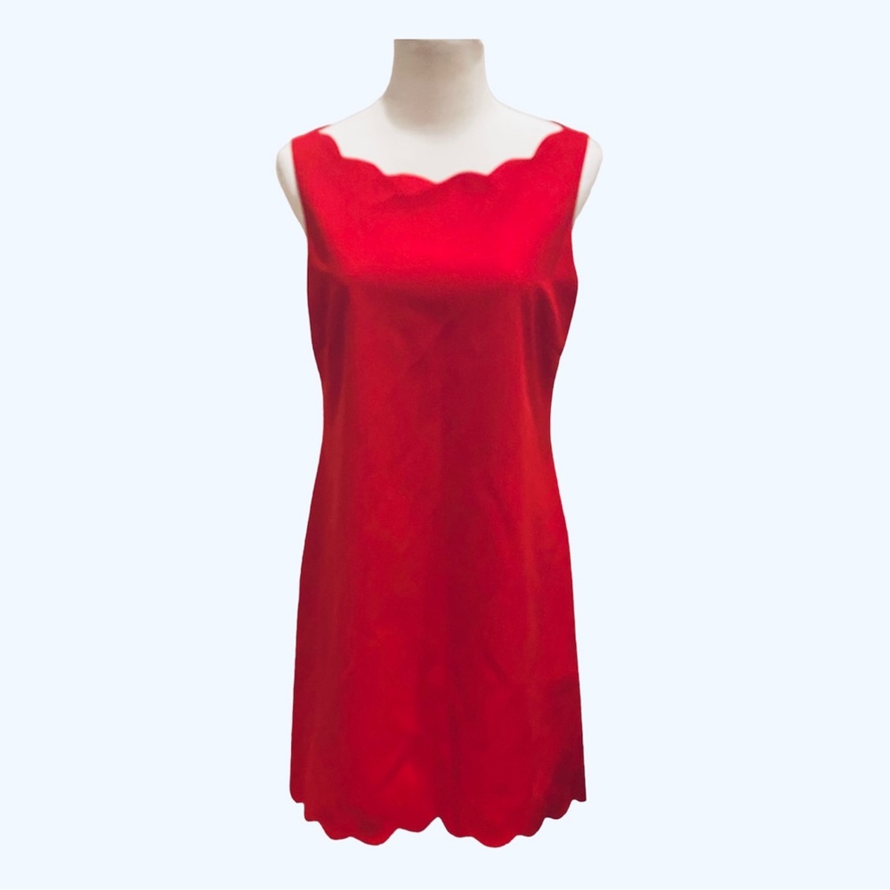 Vintage 90s Laundry Red Mini Scallop Sheath Shift Dress Scalloped 10 Party